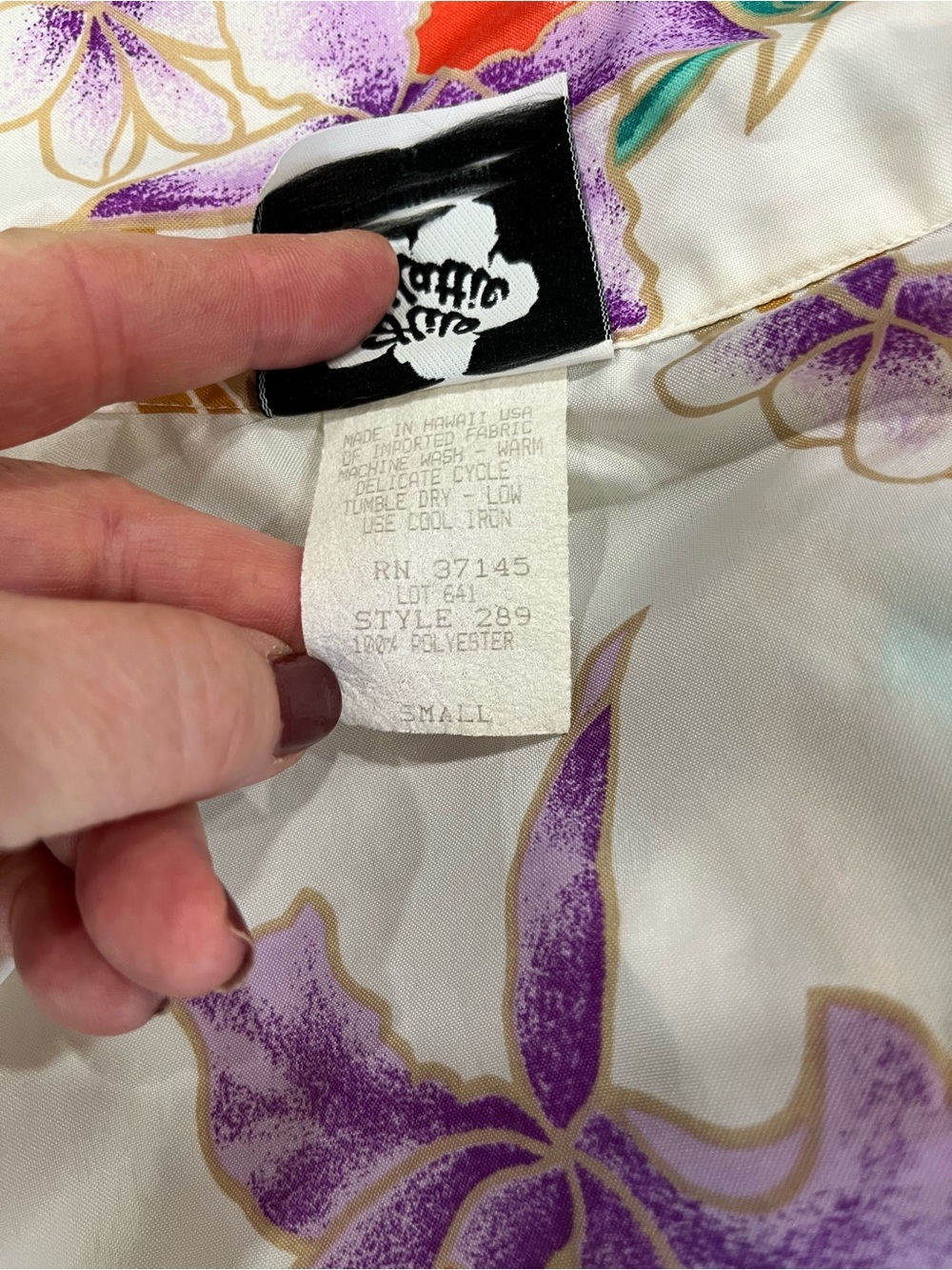Vintage 80s Hilo Hattie Hawaiian Shirt Crop Tie Front Floral White Purple Orchid - Picture 7 of 8